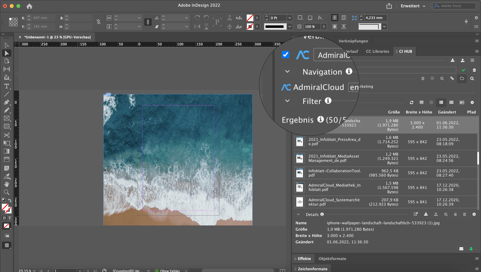 Digital Asset Management Software AdmiralCloud Integration von Adobe InDesign