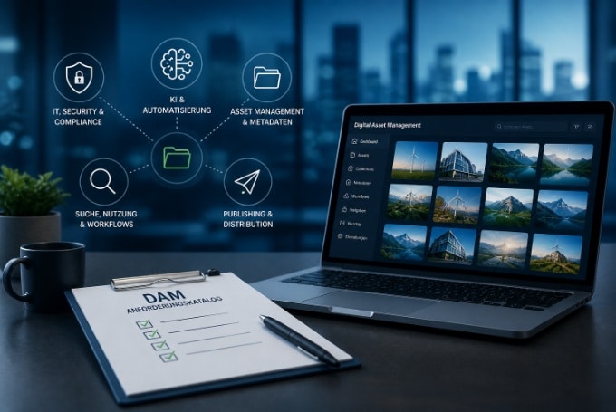 Visualisierung eines Digital Asset Management Systems mit Anforderungskatalog und Kategorien wie KI, Sicherheit, Metadaten und Workflows